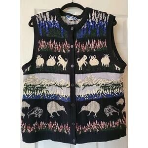 Vtg 80s Alpine Themed PURE WOOL Knit Ski Vest Sweater Made In New Zealand XL